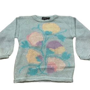 Vintage 80’s Renee Tener Blue Pastel Floral Mohair Blend Sweater Size Medium